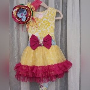 Giggle Moon Yellow/Mauve/Blue Dress w/Bow & Fancy Lace Headband, Size 2T, NWOT